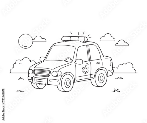 Cartoon Police Car Coloring Page with Sky and Cloud Illustration