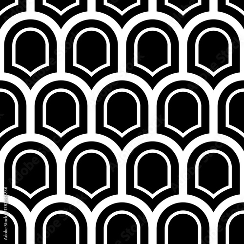 Japan traditional ethnic embroidery ornament with repeated scallops. Fish scale. Repeat scallop background. Seamless surface pattern design with scales. Ancient japanese sashiko uroko motif. Squama.