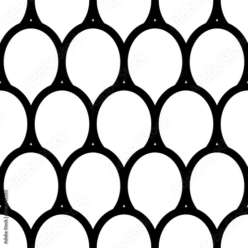 Fish scale wallpaper. Asian traditional ornament with repeated scallops. Repeated black curves on white background. Seamless surface pattern design with semicircles. Grid motif. Digital paper. Vector.