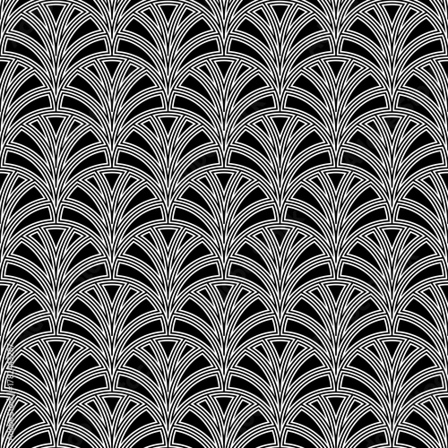 Fish scale wallpaper. Asian traditional ornament with repeated scallops. Repeated white curves on black background. Seamless surface pattern design with semicircles. Grid motif. Digital paper. Vector.