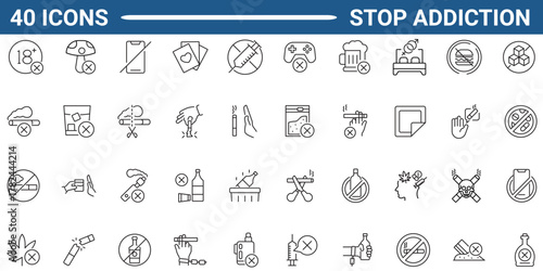 Set of 40 outline icons related to stop addiction. Icons for mobile app and web. Linear icon collection. Editable stroke. Vector illustration. 	