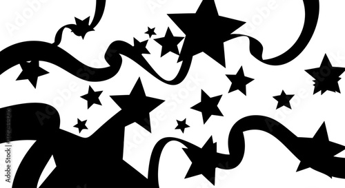 Monochrome graphic with celestial stars and whimsical, whisking ribbons creating a festive and magical pattern