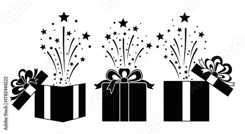 A set of three black silhouette surprise gift boxes with festive explosions of stars and confetti, isolated on a white background
