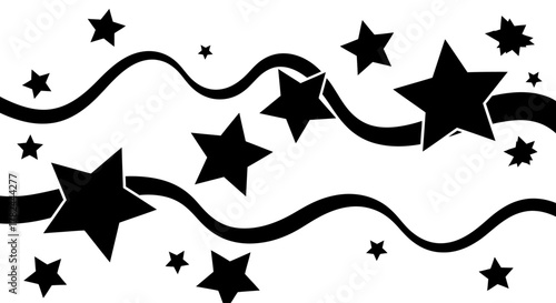 Elegant black and white abstract graphic with shimmering stars and graceful wavy lines, creating a dynamic decorative border or celestial background pattern for various design projects