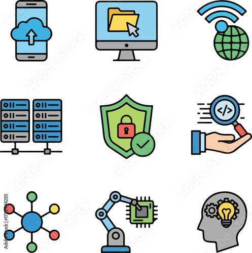 Flat Line Icons Set of Modern Technology and Digital Innovation 001