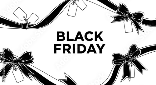 Monochrome Black Friday promotional banner with elegant ribbons, bows, and blank shopping tags for holiday sales and discounts
