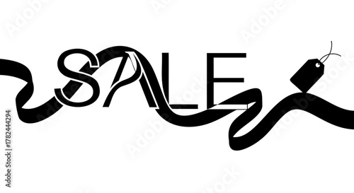 Stylized black and white typography of the word SALE intertwined with a flowing ribbon and a price tag, representing shopping promotions and discounts