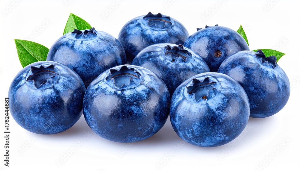 Obraz premium Cluster of Fresh Blueberries with Green Leaves on White Background Close Up