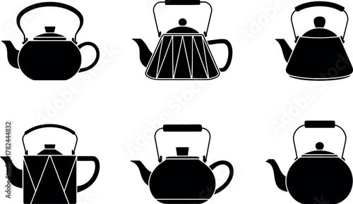 Collection of six black and white teapot silhouettes in varying shapes and designs on a white background