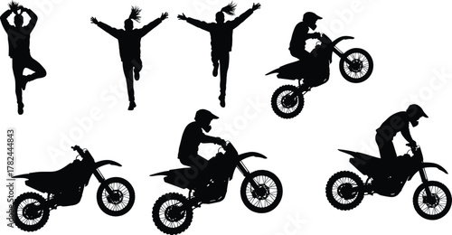Silhouette of people jumping with joy and motorcyclists performing stunts, extreme sports action, biker movement, energy, freedom, adventure, black vector illustration