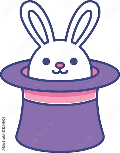Cute cartoon bunny rabbit popping out of a purple magic hat with pink stripe for children's illustration