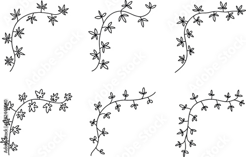 Six corner floral designs with delicate leaves and winding stems for elegant borders and decorative embellishments