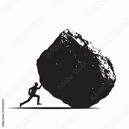 Strong Person Silhouette Moving Big Rock Vector on  white background