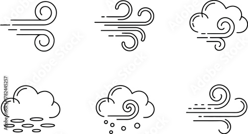 Weather icons showing wind and clouds in a minimalist line art style perfect for weather forecasts and designs