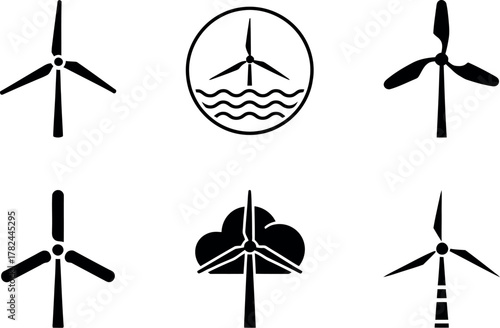 Black and white vector icons of wind turbines representing renewable energy and sustainable power generation sources