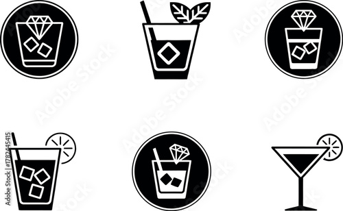 Collection of stylized cocktail icons featuring various drinks with ice straws and fruit garnishes in black and white
