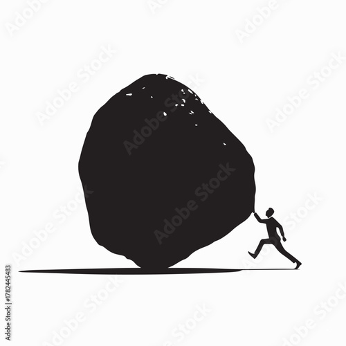 Silhouette of Person Easily Pushing a Giant Rock Vector on  white background