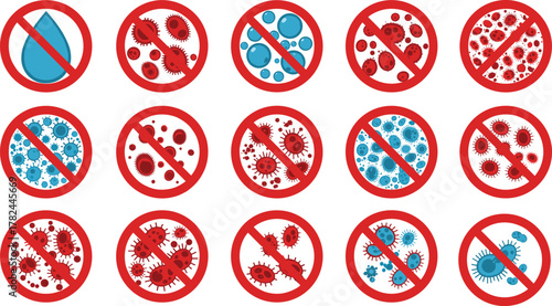Antibacterial, antiviral, and hygiene protection icons set, no germs, bacteria, or virus symbols, health safety and disinfection warning signs illustration