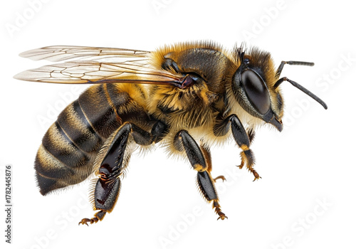 A closeup macro shot of a honey bee with wings spread, isolated on transparent background