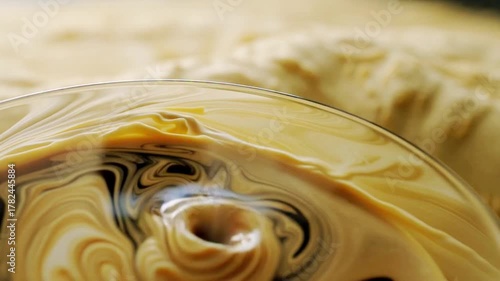 Liquid Stream Pouring Into A Glass Bowl With A Light Yellow Creamy Substance Nearby Inside It