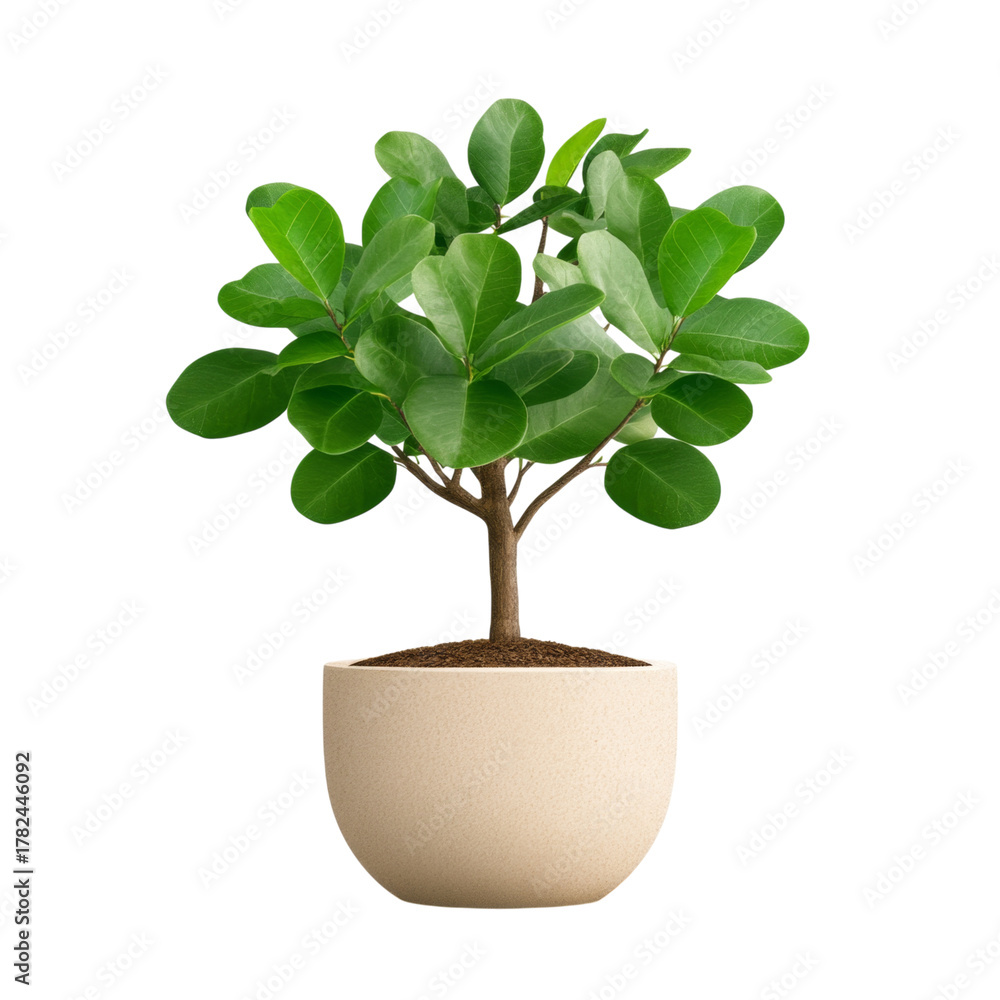 Fototapeta premium Small indoor tree with lush round green leaves in beige pot, perfect for home decoration and adding natural freshness to any space
