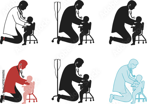 Doctor examining child with stethoscope, pediatrician checking young patient health, medical care vector illustration, hospital healthcare professional concept 