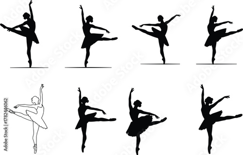 Elegant ballerina silhouettes performing ballet poses, vector illustration showing graceful dance movement, classical stage art, female dancer elegance, creative artistic design element