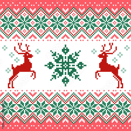 Pixel art reindeer and snowflake Christmas pattern in red and green. Perfect for weaving, embroidery, cross-stitch, or knitting festive winter fabrics.