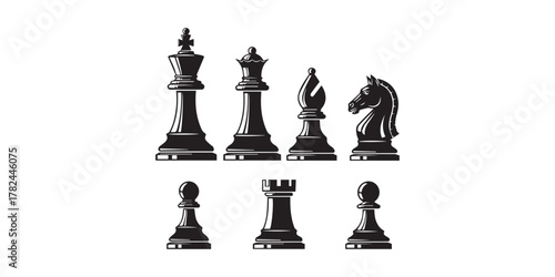 Set of chess vector icons. Black silhouette with chess. King, queen, pawn, horse and rook. Vector 10 Eps.
Set of chess vector icons. Black silhouette with chess. King, queen, pawn, horse and rook.