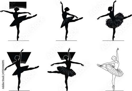 Elegant ballerina silhouettes performing classical ballet poses, vector illustration of graceful female dancers, stage performance art concept, creative artistic movement, dance design element