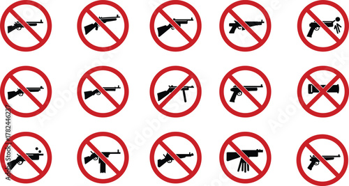 No guns and weapon prohibition signs vector illustration, firearm ban icons collection, safety warning symbols, anti-violence concept, isolated flat red circle design