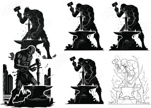 Fantasy blacksmith forging legendary sword, powerful muscular craftsman striking anvil with hammer, epic weapon creation, strength and fire vector illustration design