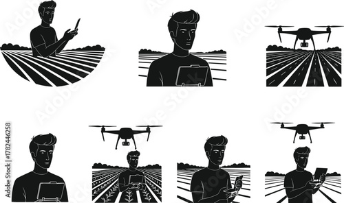 Farmer controlling drone with tablet in agricultural field, vector illustration of modern smart farming, precision agriculture technology, digital rural innovation concept, crops monitoring