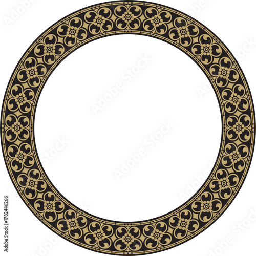 Vector round gold and black ancient Russian ornament. Slavic border, frame. Circle, ring. Painting of the royal chambers.