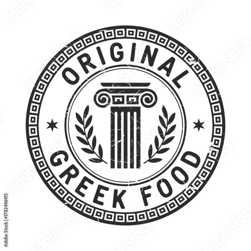 Authentic greek food emblem with column and laurel wreaths