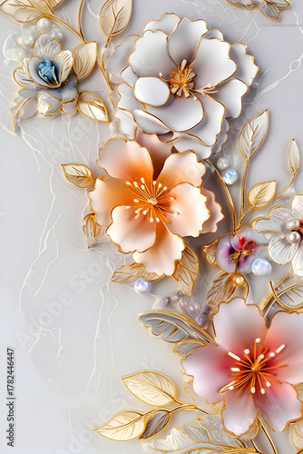 Fantasy Florals on Marble – Ethereal Botanical Composition Inspired by Jewelrie Marling