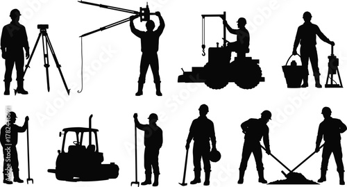 Construction workers silhouettes with tools, vehicles, and equipment performing various tasks on site for industrial, engineering, and labor-themed vector design