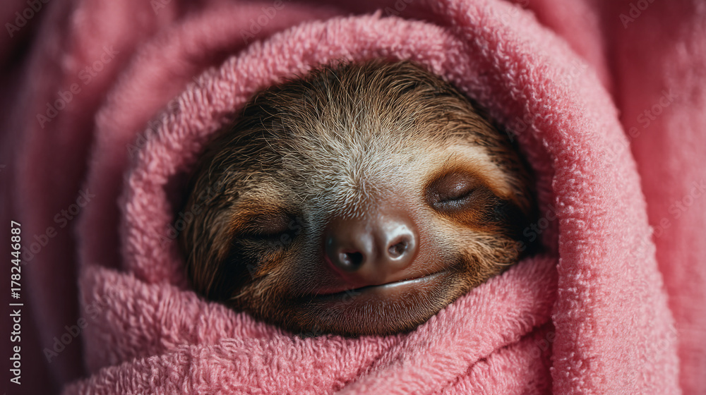 Naklejka premium Close up of a sleeping sloth wrapped in a pink towel with its eyes closed peacefully