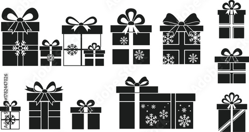 Black and white festive gift boxes with snowflake decorations, ribbons, bows, winter holiday packaging design for seasonal celebration themes