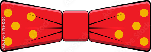 Red bow tie with yellow dots graphic. Men's elegant apparel accessory.