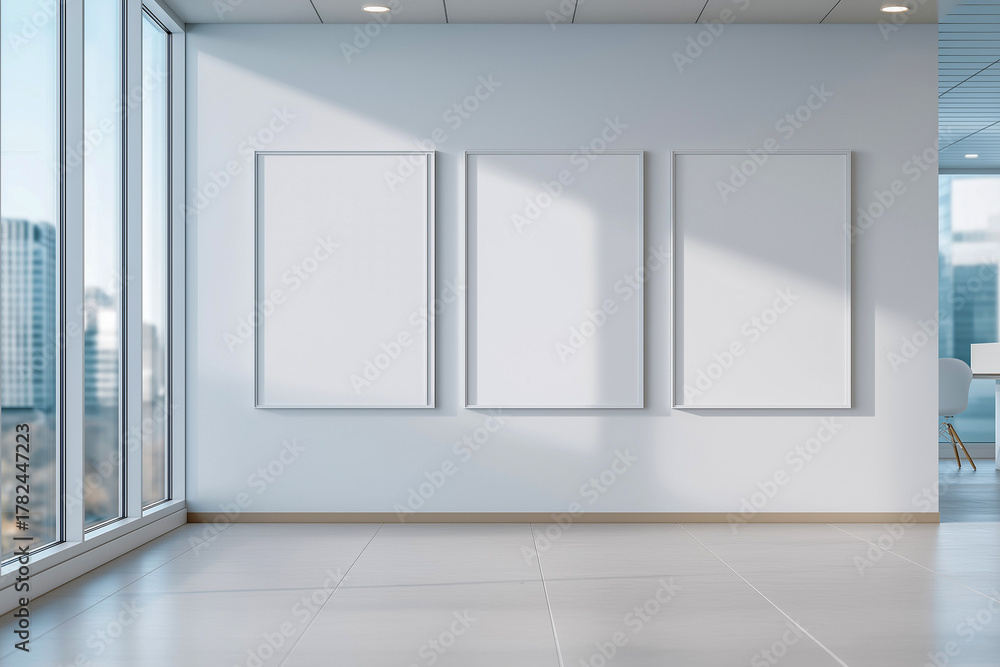 Obraz premium 大きな窓から自然光が差し込むクリニックの壁に掲示された3枚のA3ポスター。清潔感と安心感を表現する空間デザイン。