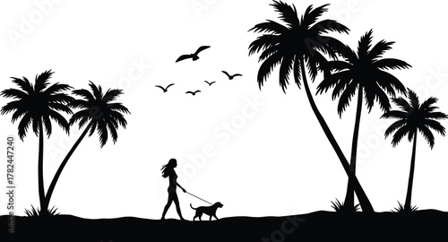 Silhouette of a woman walking dog on tropical beach under palm trees with flying birds, relaxing summer evening scenery, nature landscape vector