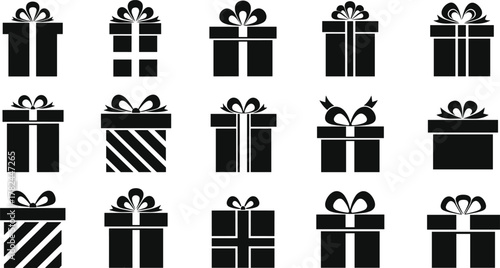 Black gift box icon set with diverse ribbon styles, festive bows, holiday packaging symbols for celebration, decoration, and seasonal design themes