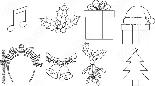 Christmas holiday icons set with gifts, holly, mistletoe, jingle bells, music notes, tree, Santa hat, festive decorations