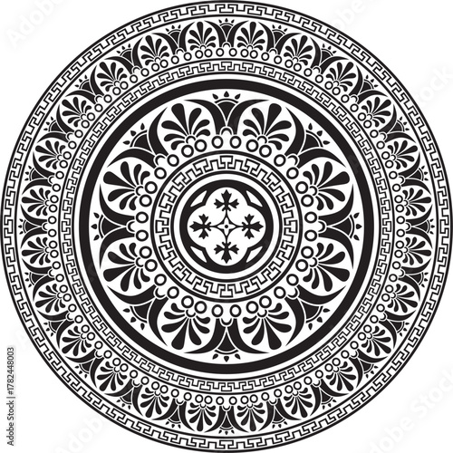 Vector black monochrome classic Greek round ornament. Circle of Ancient Greece and the Roman Empire. Byzantine painting of walls, floors and ceilings. Decoration of European palaces.