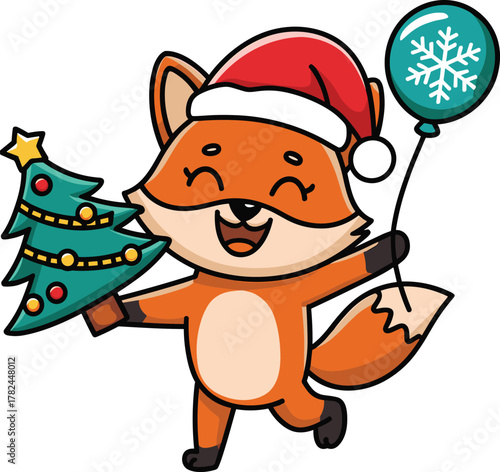 A joyful cartoon fox wearing a red Santa hat, holding a decorated Christmas tree in one paw and a snowflake-patterned balloon in the other.