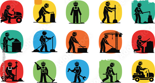 Construction and Maintenance Workers Vector Icons Set – Labor Tasks, Safety Gear, Manual Jobs, Industrial Tools, Equipment, Silhouettes, Colorful Backgrounds