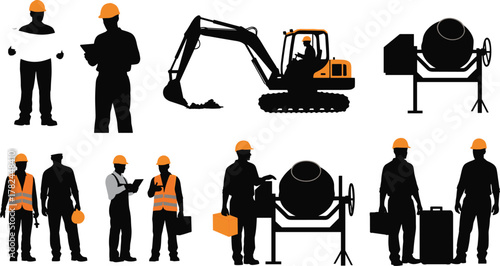 Construction workers and heavy equipment silhouettes with safety gear, teamwork, tools, and machinery for industrial site, labor, and engineering themes