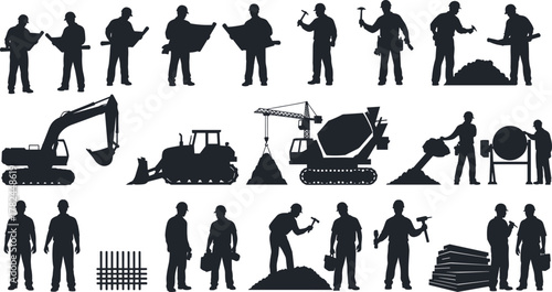 Construction workers and heavy machinery silhouettes set for building, engineering, teamwork, maintenance, industrial site, labor tools, and equipment themes