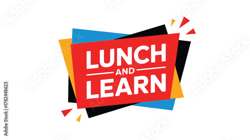 Lunch and learn event graphic with bold red and blue design